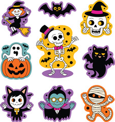Collection of cute cartoon halloween characters including a witch skeleton vampire mummy and ghost
