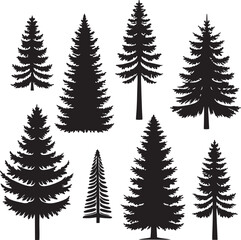 Collection of silhouettes various evergreen trees