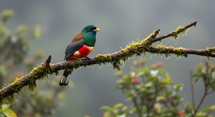 Obraz premium Iridescent Trogon Perched in Lush Misty Forest PNG