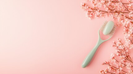 Beauty Product Jade face roller on a pink background with delicate flowers, soft lighting creates a calming and luxurious atmosphere