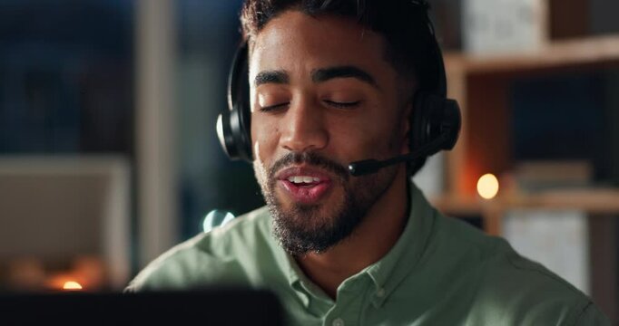 Headset, customer service and businessman in office at night for global query with multilingual help. Microphone, call center and technical support agent with translation in crm at workplace.