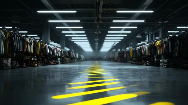 Industrial clothing warehouse with rows of garments and bright yellow floor markings