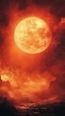 Glowing Moon Over Red Planet Landscape, Mysterious Scene