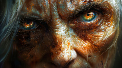 Close-up portrait of an elderly person with striking features and intense gaze showcasing weathered skin