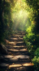 Stone Steps Leading Through Lush Green Forest with Sunlight