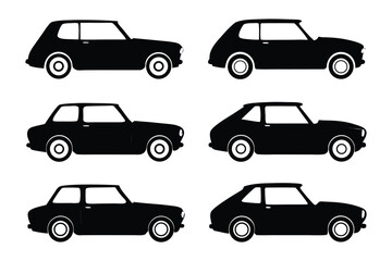 Classic Car Silhouettes: Collection of six minimalist black silhouettes of classic cars, showcasing variations in hatchback and coupe styles.