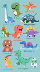 Obraz premium Flat Vector Set of 12 Cute Cartoon Dinosaurs – T-Rex, Brontosaurus, Triceratops, Stegosaurus, and More. Simplified, Kid-Friendly, 3-Color Design on White Background for Stickers and Prints