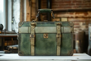 Vintage green leather briefcase with antique brass hardware, perfect for travel or business.