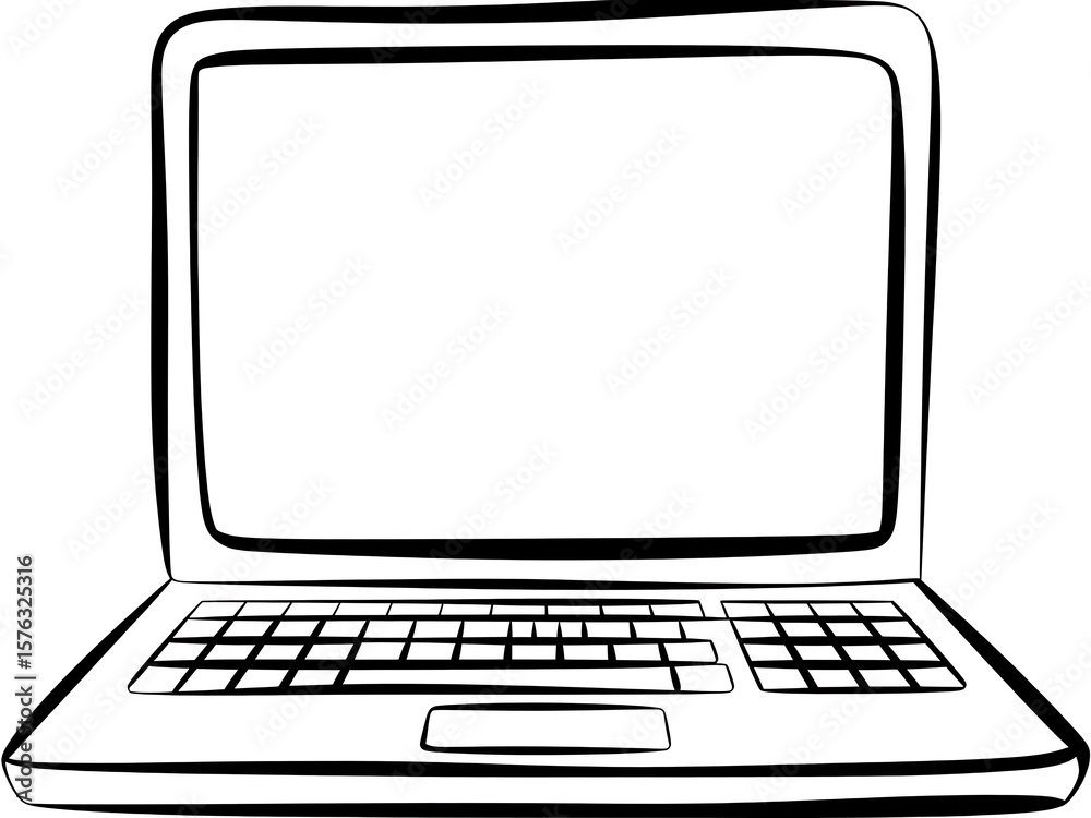Fototapete simple black and white outline drawing of an open laptop computer with a blank screen