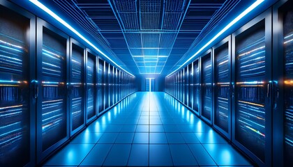 Fototapeta premium futuristic data center with glowing blue server racks and high tech lighting