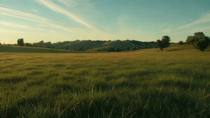 Fototapeta premium Endless Green Grass Landscape under Blue Sky