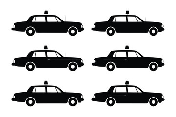 Taxi Silhouette Set: A collection of six sleek black taxi silhouettes, perfect for conveying urban transportation or city life.