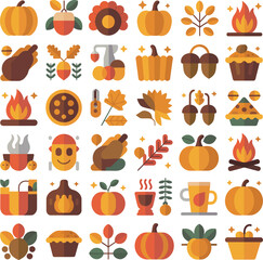 Collection of autumn and thanksgiving icons featuring pumpkins acorns and pies