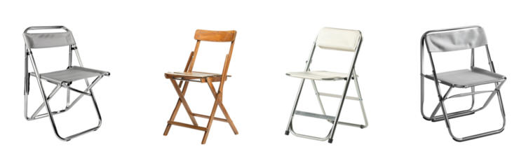 Folding chairs of different styles arranged a transparent background 