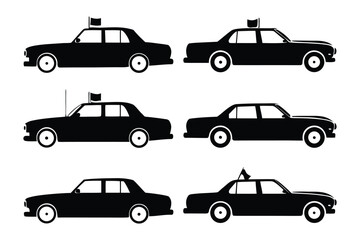 Car Flag Vehicle Set: A set of six vintage automobile vector graphics with flagpole on the side in contrasting graphic style.