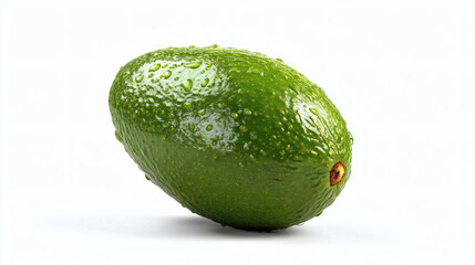 A single, fresh green avocado, glistening with water droplets, isolated on white.
