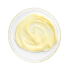 Cosmetic product in Petri dish isolated on white, top view