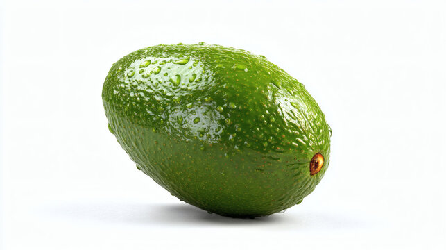 A single, fresh green avocado, glistening with water droplets, isolated on white.