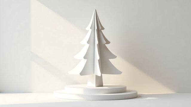 slender minimalist paper christmas tree stands atop gleaming white pedestal set soft wall subtle shadow