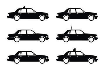 Taxi Icon Set: A collection of six sleek taxi car icons, presented in a clean, minimalist silhouette style, perfect for app design, website graphics, or transportation-related projects. 