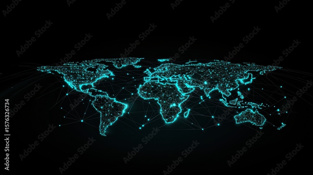 Poster global network nodes connection interconnected nodes forming a global network across a world map, vi
