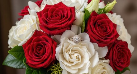 Naklejka premium Beautiful bouquet of red and white roses with diamond ring centerpiece for wedding celebration