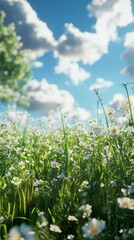 Fototapeta premium White Flowers Blooming in a Lush Green Meadow Under Blue Sky