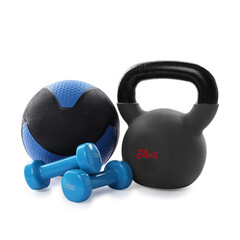 Medicine ball, kettlebell and dumbbells isolated on white