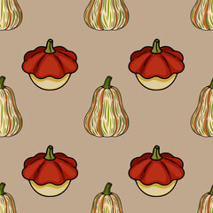 Seamless vector pattern with hand-drawn autumn pumpkins in red and green-orange striped variations, featuring a unique blend of flat and slightly three-dimensional styles on a muted beige background.