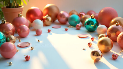vibrant arrangement eclectic trinkets ornaments sprawls across pristine white tabletop bathed warm golden natural light