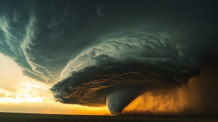 Fototapeta premium Majestic Supercell Storm Cloud Forming Over Flat Landscape at Sunset