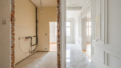 Split view of an apartment undergoing renovation contrasting old exposed brick with new elegant white paneling