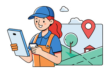 Woman Using Tablet & Landscape: A woman in uniform consults a tablet, studying a landscape displayed alongside a location pin, suggesting navigation and environmental analysis.