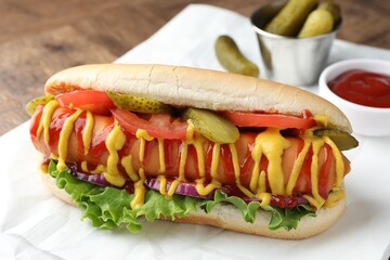 Tasty hot dog with vegetables, mustard and ketchup on table, closeup