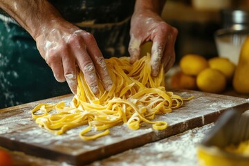 Hands Preparing Fresh Pasta on Wooden Surface with Ingredients Nearby