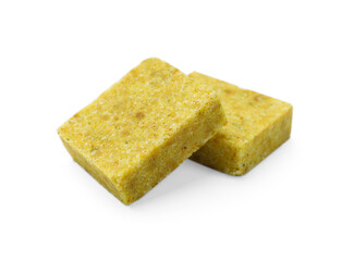 Tasty aromatic bouillon cubes isolated on white