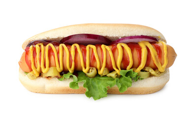 Delicious hot dog with sauces, lettuce, onion and jalapeno isolated on white