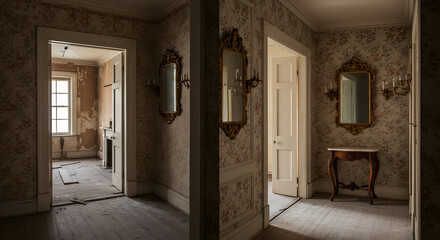 Dilapidated hallway with floral wallpaper ornate mirrors and a small console table in an abandoned house