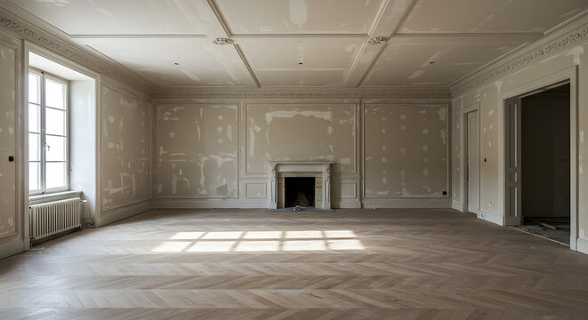Spacious empty room with parquet flooring and a marble fireplace awaiting renovation