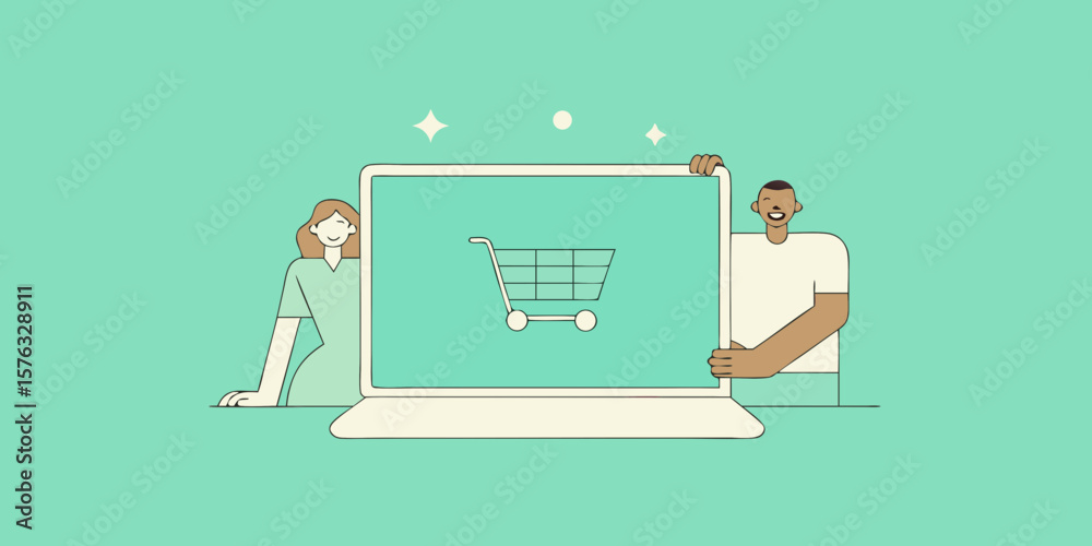 Fototapete A minimal design displaying online shopping with a stylized laptop and shopping cart, perfect for e-commerce and retail graphics or user interface elements.