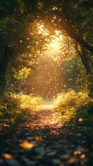 Fototapeta premium Path Through Forest with Golden Light and Falling Leaves