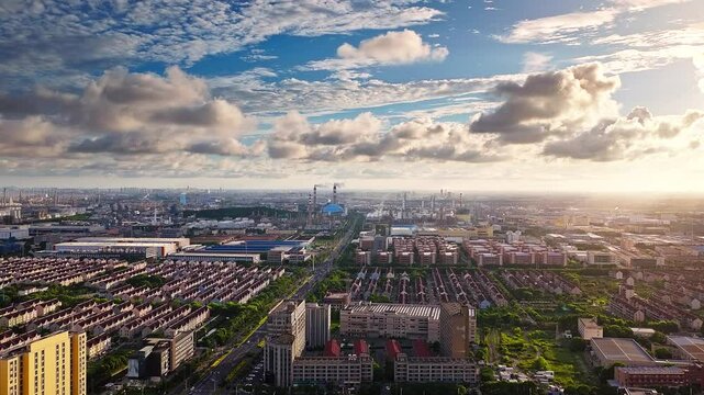 Aerial shot showing the contrast between a large residential district and an industrial zone on the outskirts of a modern city.