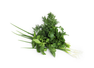 Different fresh green herbs isolated on white, top view