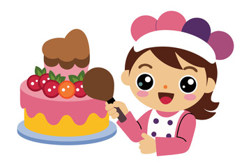 Sweet Symphony: A young baker meticulously decorates a vibrant, multi-tiered cake with focused care, embodying culinary artistry and the joy of creation.