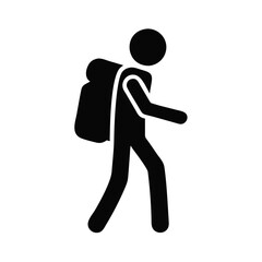 Silhouette of a young hiker walking with a backpack in a minimalist style