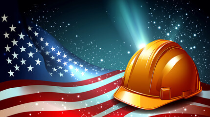 hard hats with american flag labor day usa banner illustration style