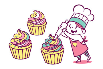 Sweet Delight: Adorable illustration of a young baker decorating cupcakes with colorful icing, capturing the joy and creativity of baking. 