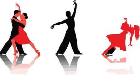Dynamic Latin dance silhouettes, passionate couple dancing tango, solo male dancer, vibrant red dresses, elegant ballroom performance, isolated vector set, romantic movement.