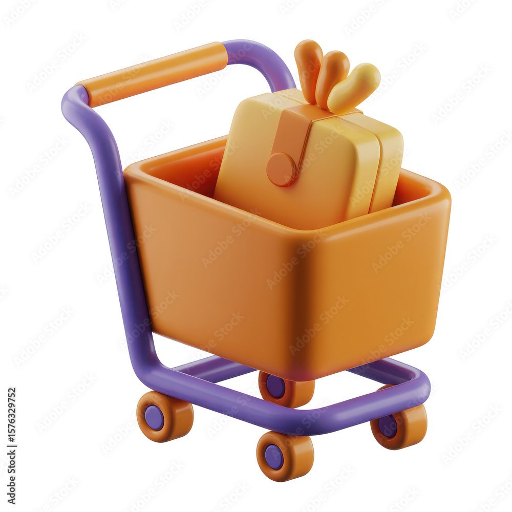 Poster stylized 3d rendering of a shopping cart containing a gift box with a bow isolated on transparent ba