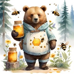 Watercolor Bear Holding Honey Jar Surrounded by Bees in Pastel Style